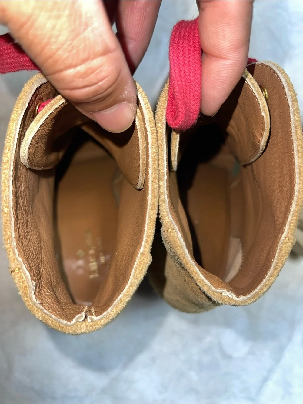kate spade Tan Suede Wedge Ankle Boots with Red Laces Size 8.5